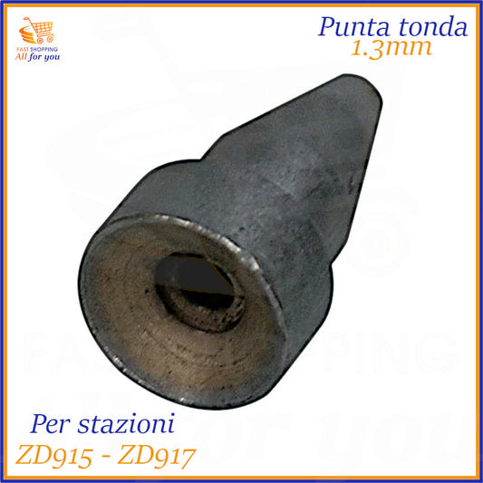 Punta dissaldante di ricambio tonda da 1.3mm di colore grigio scuro con l'estremità più chiara, compatibile con le stazioni ZD-915 e ZD-917. Mostra il logo 'FAST SHOPPING All for you' e l'etichetta 'GARANZIA ITALIA'.
