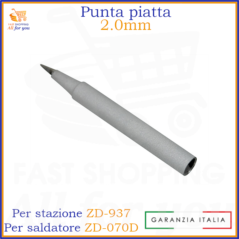 Punta di ricambio piatta da 2.0mm per stazione saldante ZD-937 e saldatore ZD-070D. La punta è di colore grigio metallico con la punta piatta annerita, su sfondo azzurro. Include la dicitura 'GARANZIA ITALIA'.
