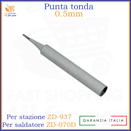 Punta di ricambio tonda da 0.5mm per stazione saldante ZD-937 e saldatore ZD-070D. La punta è di colore grigio metallico con la punta fine annerita, su sfondo azzurro. Include la dicitura 'GARANZIA ITALIA'.