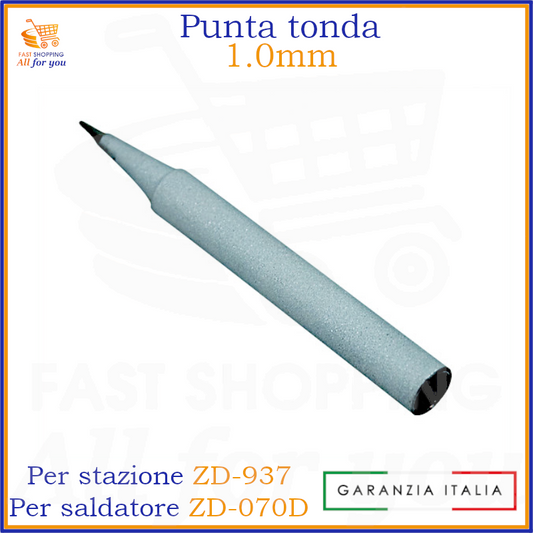 Punta di ricambio tonda da 1.0mm per stazione saldante ZD-937 e saldatore ZD-070D. La punta è di colore grigio metallico con la punta annerita, su sfondo azzurro. Include la dicitura 'GARANZIA ITALIA'.