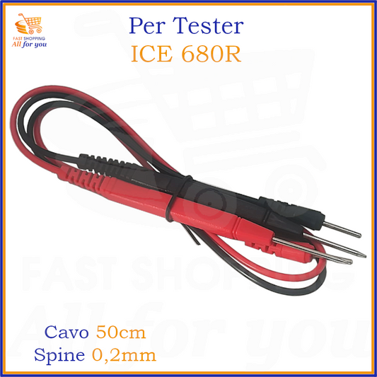 Coppia di puntali (rosso e nero) per tester ICE 680R, con punte ultra sottili da 0.2mm, ideali per lavori di precisione.