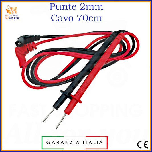 Coppia di puntali (rosso e nero) per tester e multimetro, con punte sottili da 2mm e cavo lungo 70cm.