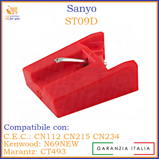 Puntina di ricambio per giradischi di colore nero e rosso, compatibile con testine Sanyo ST09D e altri modelli.