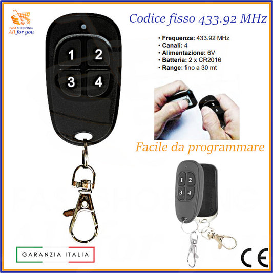 Radiocomando universale nero a 4 tasti per cancello automatico, garage o allarme, con frequenza 433.92 MHz e funzione autoapprendimento.