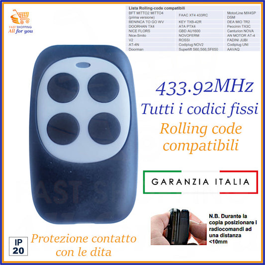 Radiocomando universale 433.92 MHz con 4 tasti compatibile rolling code e codice fisso – All For You
