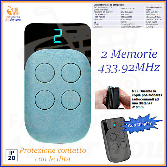 Radiocomando universale per cancello 433.92 MHz con 4 tasti, codice fisso e rolling code – All For You