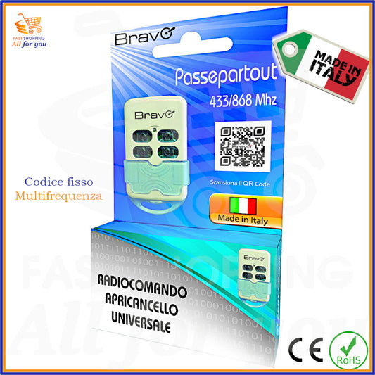 Radiocomando universale PASSEPARTOUT bianco con 4 tasti, frequenza multifrequenza 286-868MHz, autoapprendente per cancelli, garage e allarmi. Made in Italy.