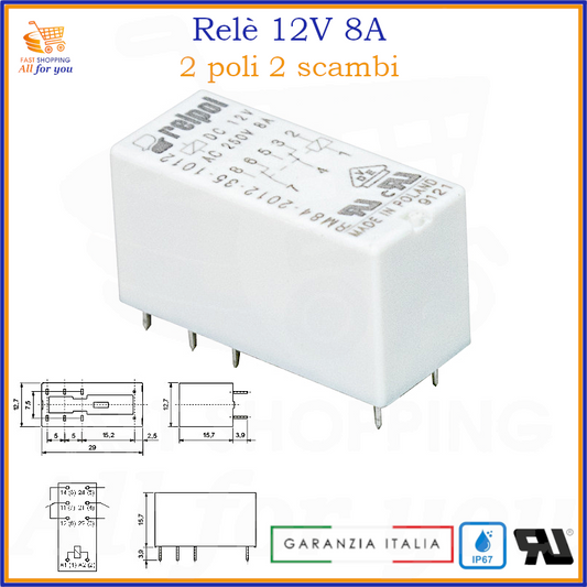 Relè 12V 8A con doppio scambio DPDT IP67 per automazione e impianti elettronici