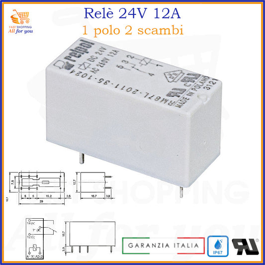 Relè 24V 12A SPDT 1 Polo 2 Scambi con corpo compatto IP67