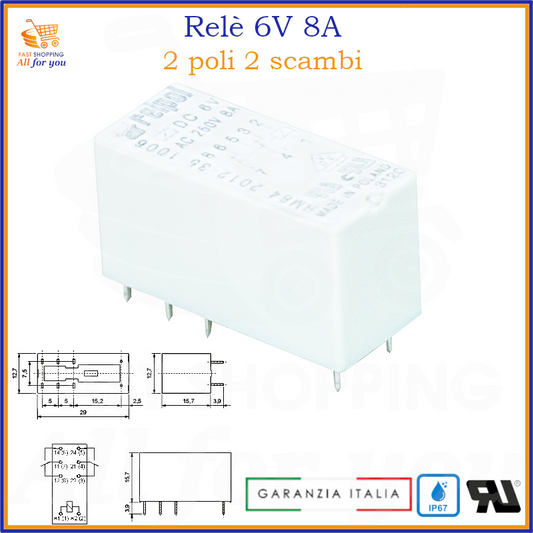 Relè 6V 8A doppio scambio miniatura IP67 per PCB