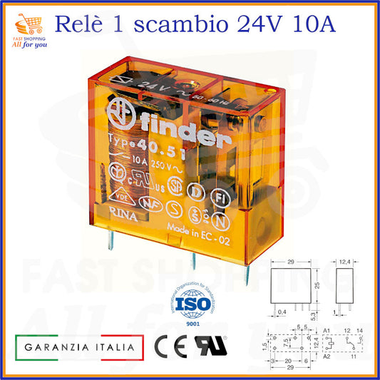 Relè Finder 24V 10A miniatura serie 40.31 con 1 scambio SPDT e schema elettrico