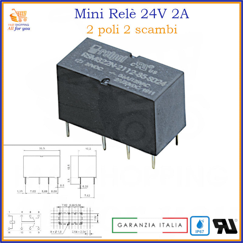Relè 24V 2A miniatura elettronico con 2 poli 2 scambi per PCB