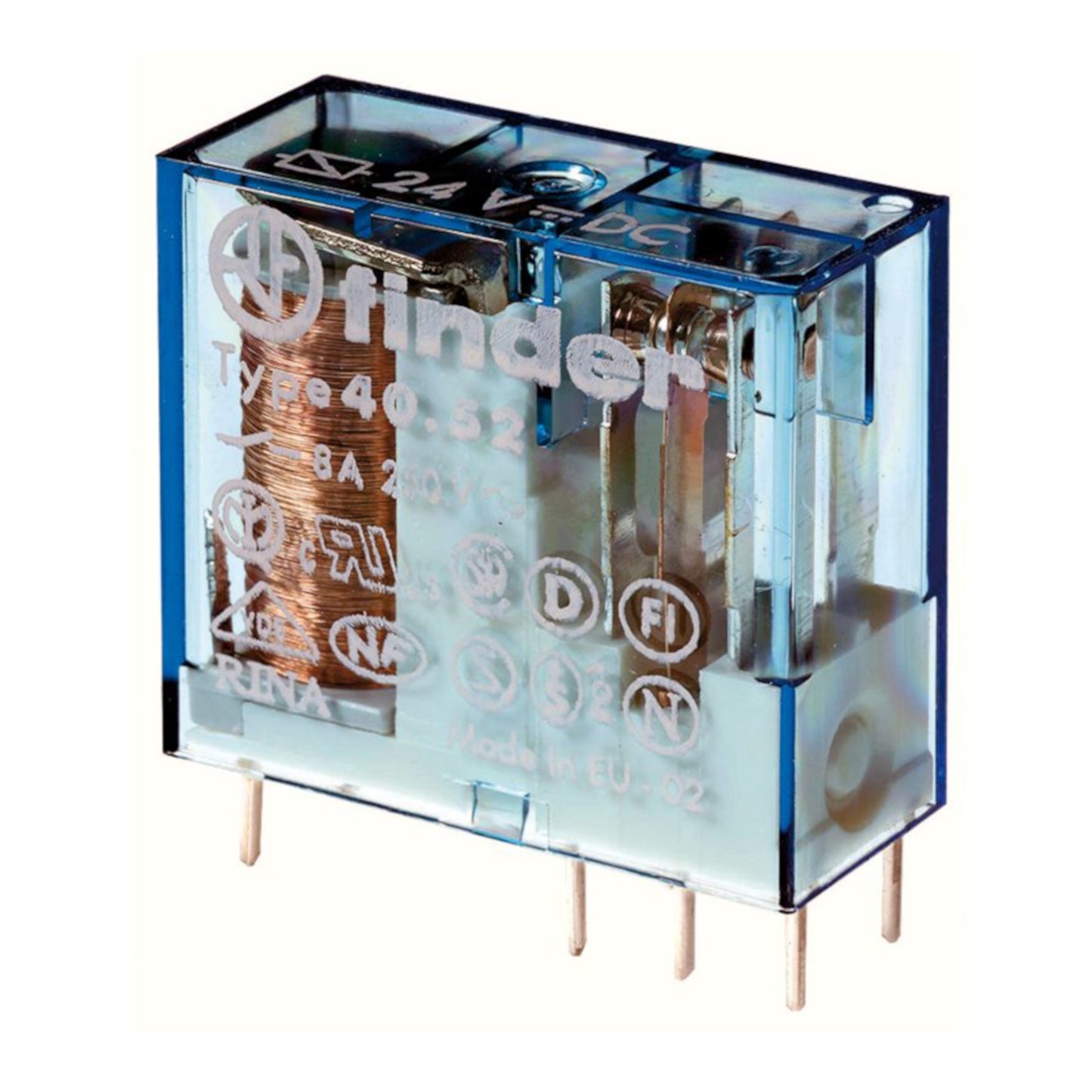 Relè miniatura di potenza Finder 12V DC 8A con involucro trasparente e 8 pin da circuito stampato.