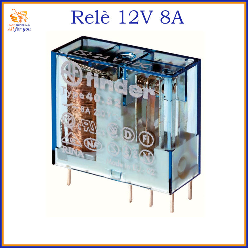 Relè miniatura di potenza Finder 12V DC 8A con involucro trasparente e 8 pin da circuito stampato.