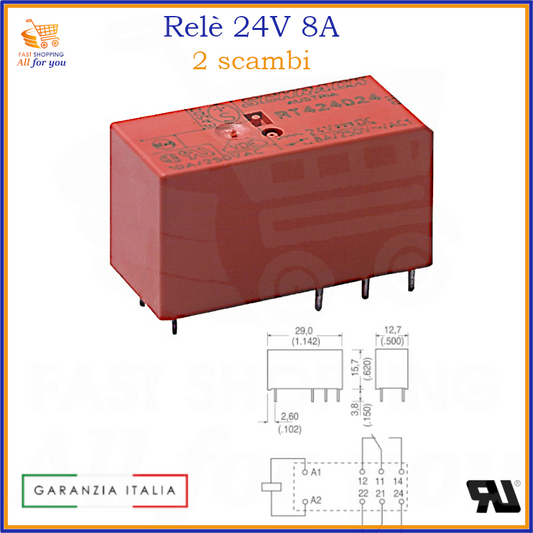 Relè 24V 8A doppio scambio DPDT serie RT2 modello RT424524 con schema e misure