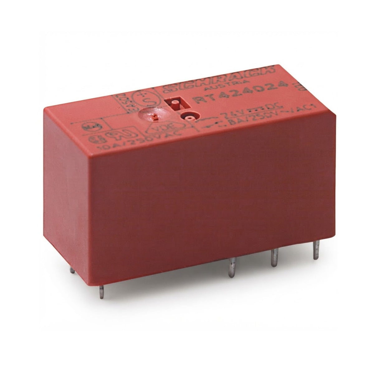 Relè di potenza Schrack serie RT2 24VDC 8A DPDT a 2 scambi per circuito stampato