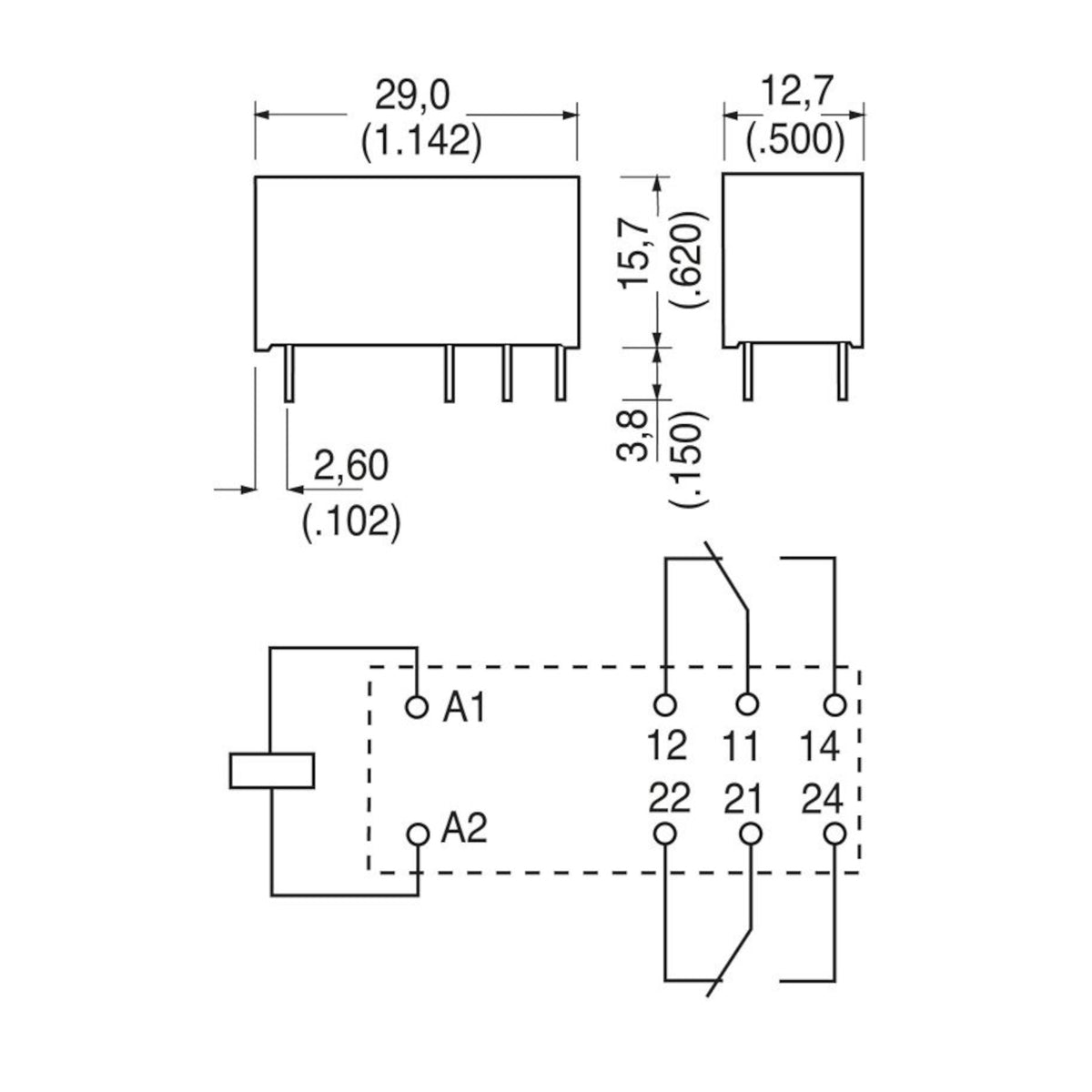 Schema tecnico quotato con dimensioni e piedinatura per relè di potenza Schrack serie RT2