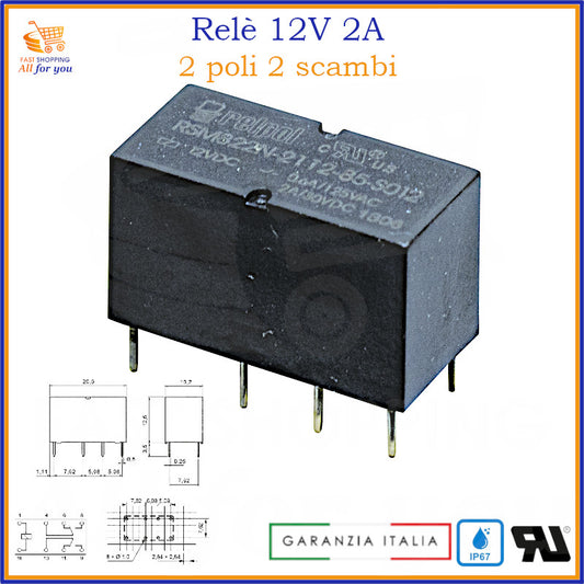 Relè subminiatura 12V 2A con 2 poli e 2 scambi, IP67, contatti AgNi/Au