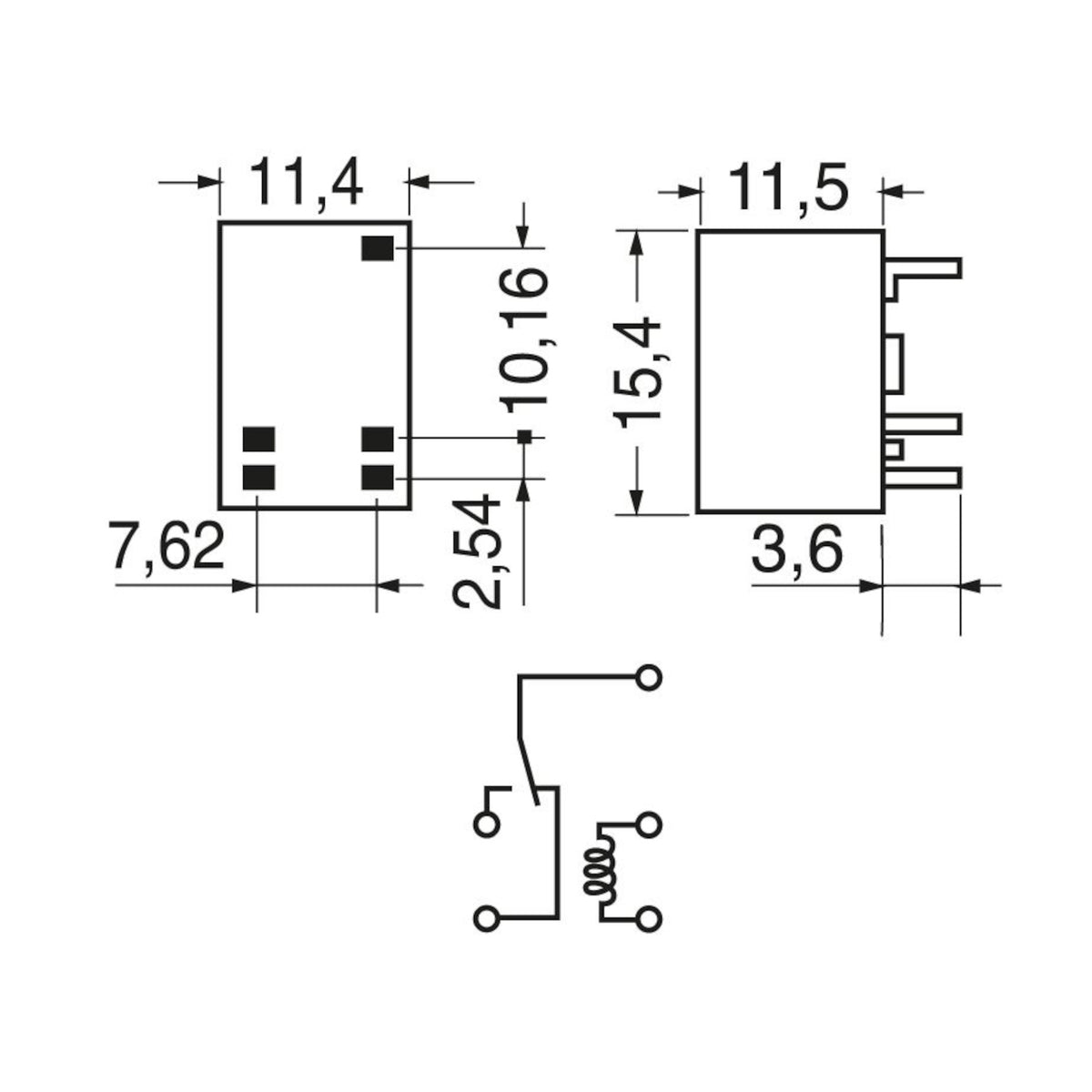 Schema tecnico quotato con dimensioni e piedinatura per relè subminiatura N4100F SPDT