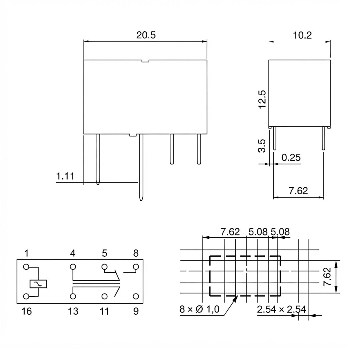 Schema tecnico con quote dimensionali e piedinatura per relè subminiatura PCB DPDT