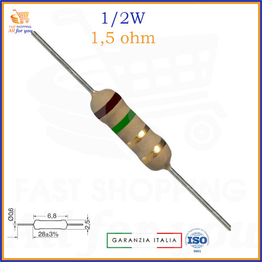 Resistenza 1,5 Ohm 1/2 Watt carbon film assiale