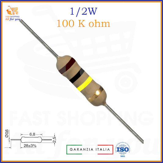 Resistenza 100K Ohm 1/2W assiale strato di carbone