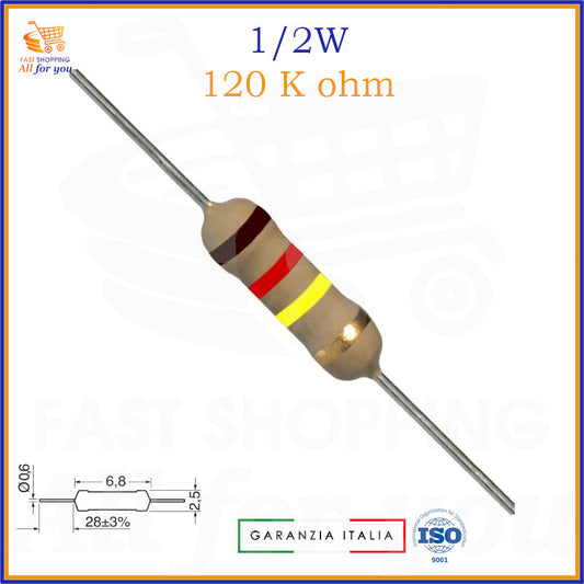 Resistenza 120K Ohm 1/2W assiale strato di carbone