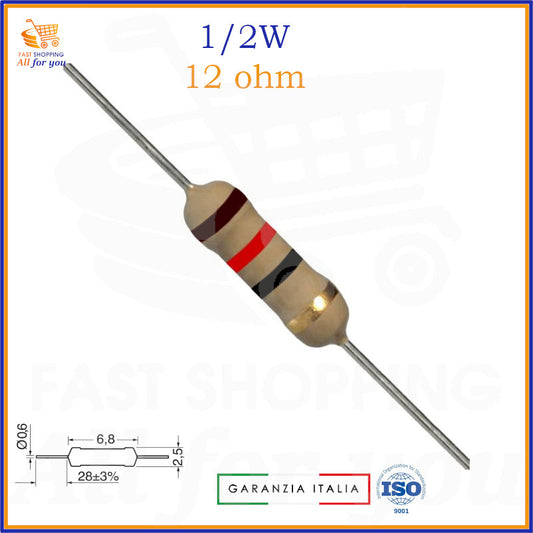 Resistenza 12 Ohm 0,5W a strato di carbone assiale