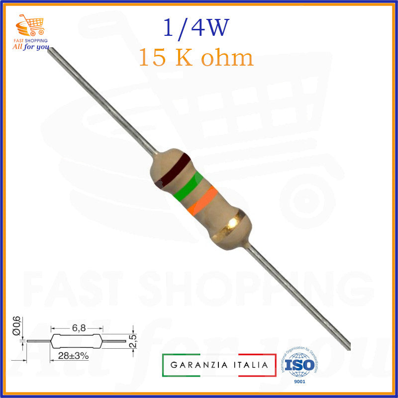 Resistenza 15 K Ohm 1/4W assiale carbon film