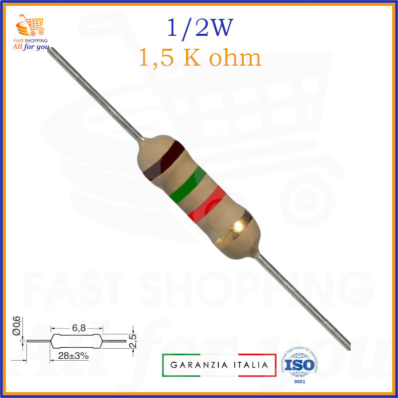 Resistenza assiale 1,5K Ohm 1/2W carbon film