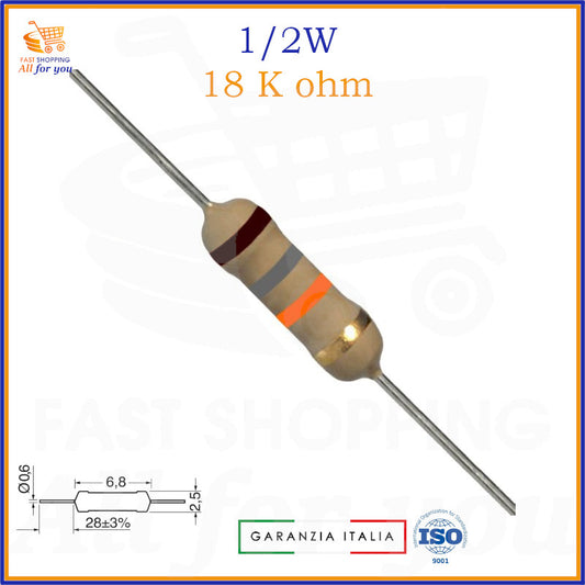 Resistenza 18K Ohm 0.5W carbon film assiale