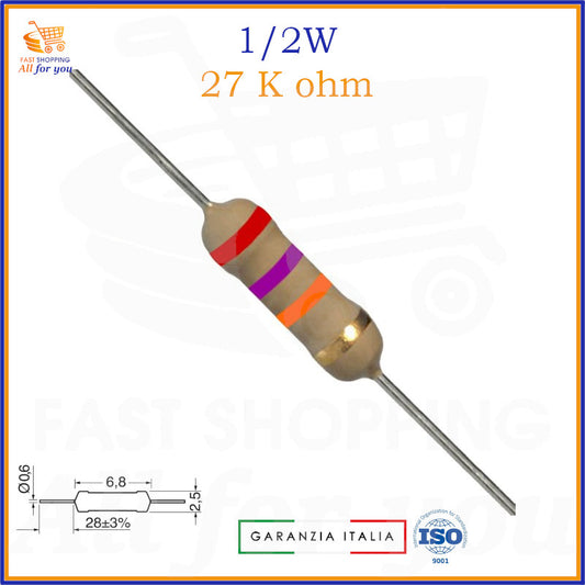 Resistenza 27K Ohm 1/2W carbon film assiale
