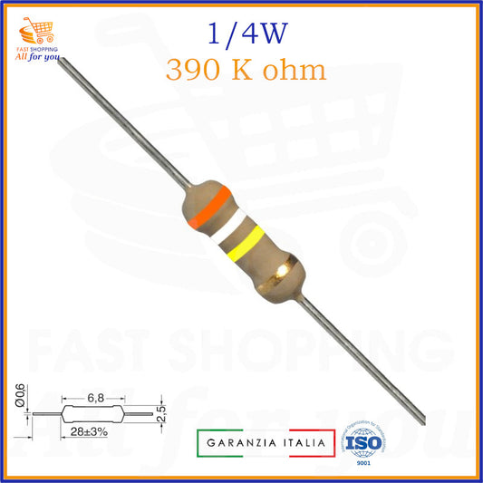 Resistenza 390 K Ohm 1/4W assiale strato di