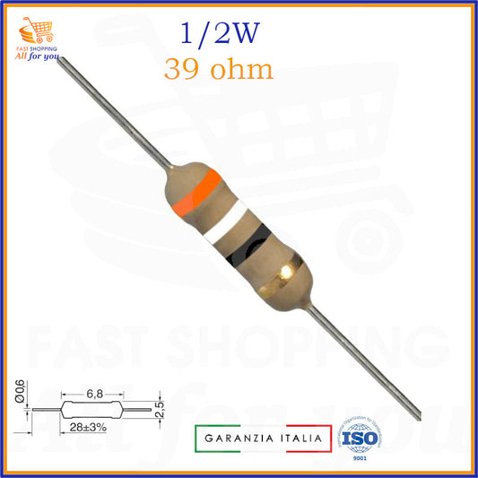 Resistenza 39 Ohm 0,5W a strato di carbone assiale