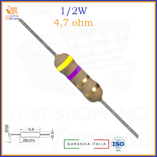 Resistenza 4,7 Ohm 1/2 Watt carbon film assiale
