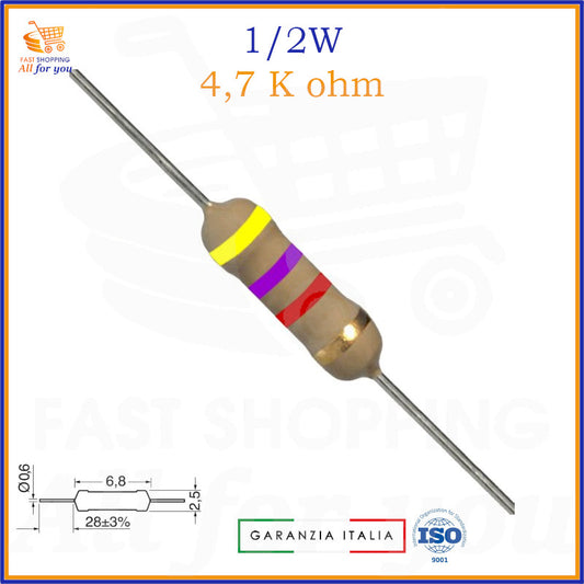 Resistenza 4,7K Ohm 0.5W carbon film assiale