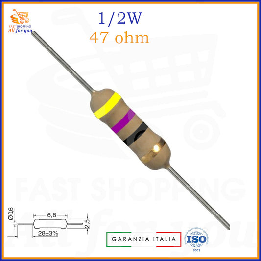 Resistenza 47 Ohm 0,5W a strato di carbone assiale