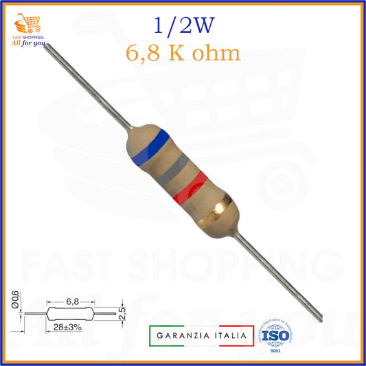 Resistenza 6,8K Ohm 0.5W carbon film assiale