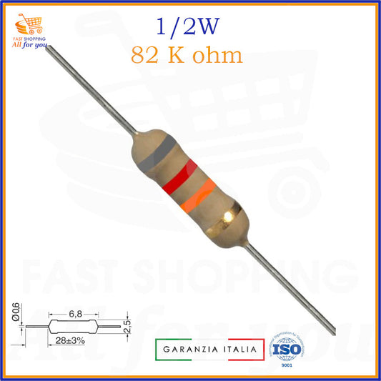 Resistenza 82K Ohm 1/2W assiale strato di carbone