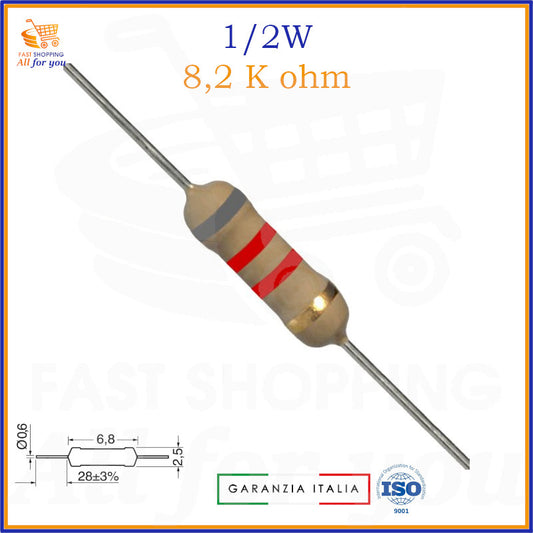 Resistenza 8,2K Ohm 0.5W carbon film assiale