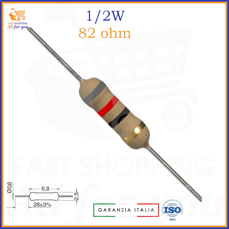 Resistenza 82 Ohm 0,5W a strato di carbone assiale