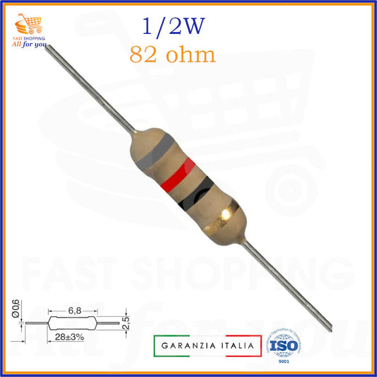 Resistenza 82 Ohm 0,5W a strato di carbone assiale