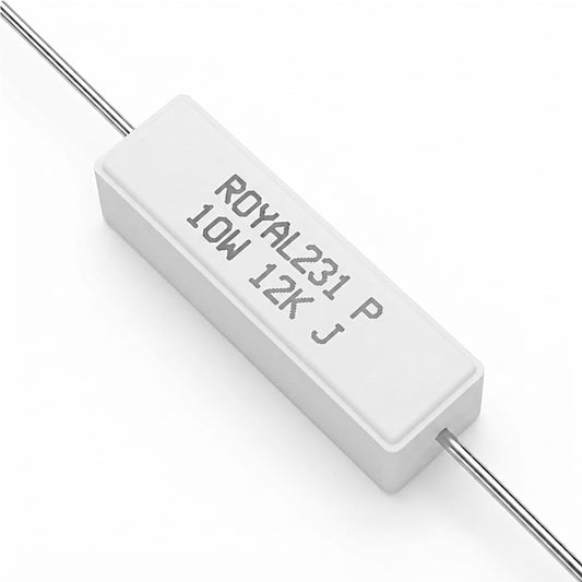 Resistenza a filo da 12K Ohm con corpo ceramico bianco da 10W e reofori assiali per montaggio PTH