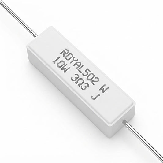 Resistenza a filo da 3,3 Ohm con corpo ceramico bianco da 10W e reofori assiali per montaggio PTH
