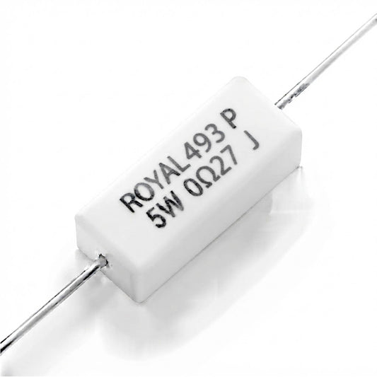 Resistenza a filo da 0,27 Ohm con corpo ceramico bianco da 5W e reofori assiali per montaggio PTH