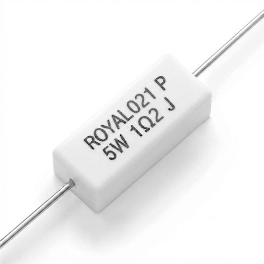 Resistenza a filo da 1,2 Ohm con corpo ceramico bianco da 5W e reofori assiali per montaggio PTH