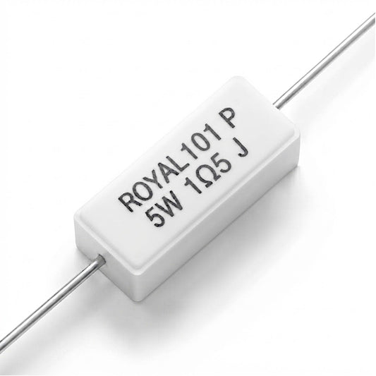 Resistenza a filo da 1,5 Ohm con corpo ceramico bianco da 5W e reofori assiali per montaggio PTH