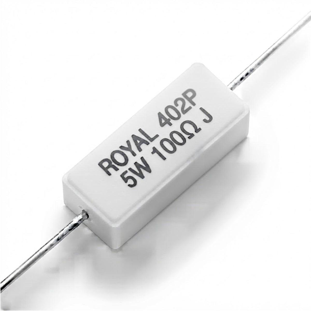 Resistenza a filo da 100 Ohm con corpo ceramico bianco da 5W e reofori assiali per montaggio PTH