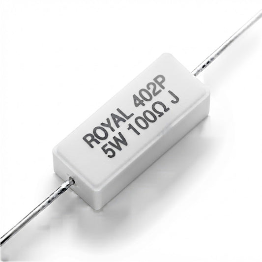 Resistenza a filo da 100 Ohm con corpo ceramico bianco da 5W e reofori assiali per montaggio PTH