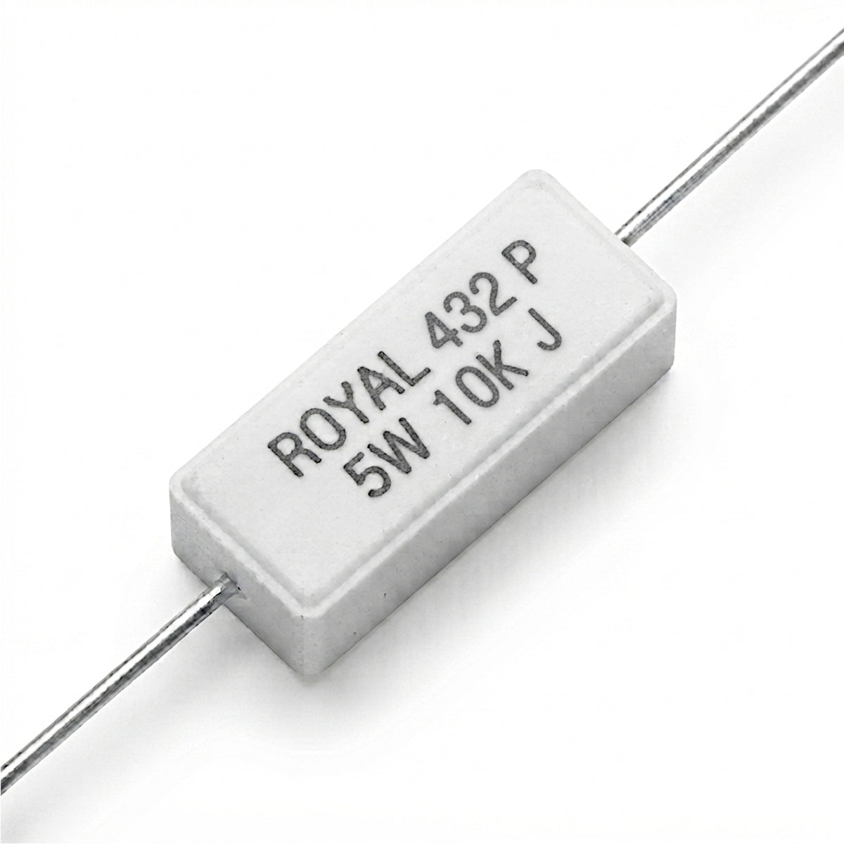 Resistenza a filo da 10 k Ohm con corpo ceramico bianco da 5W e reofori assiali per montaggio PTH